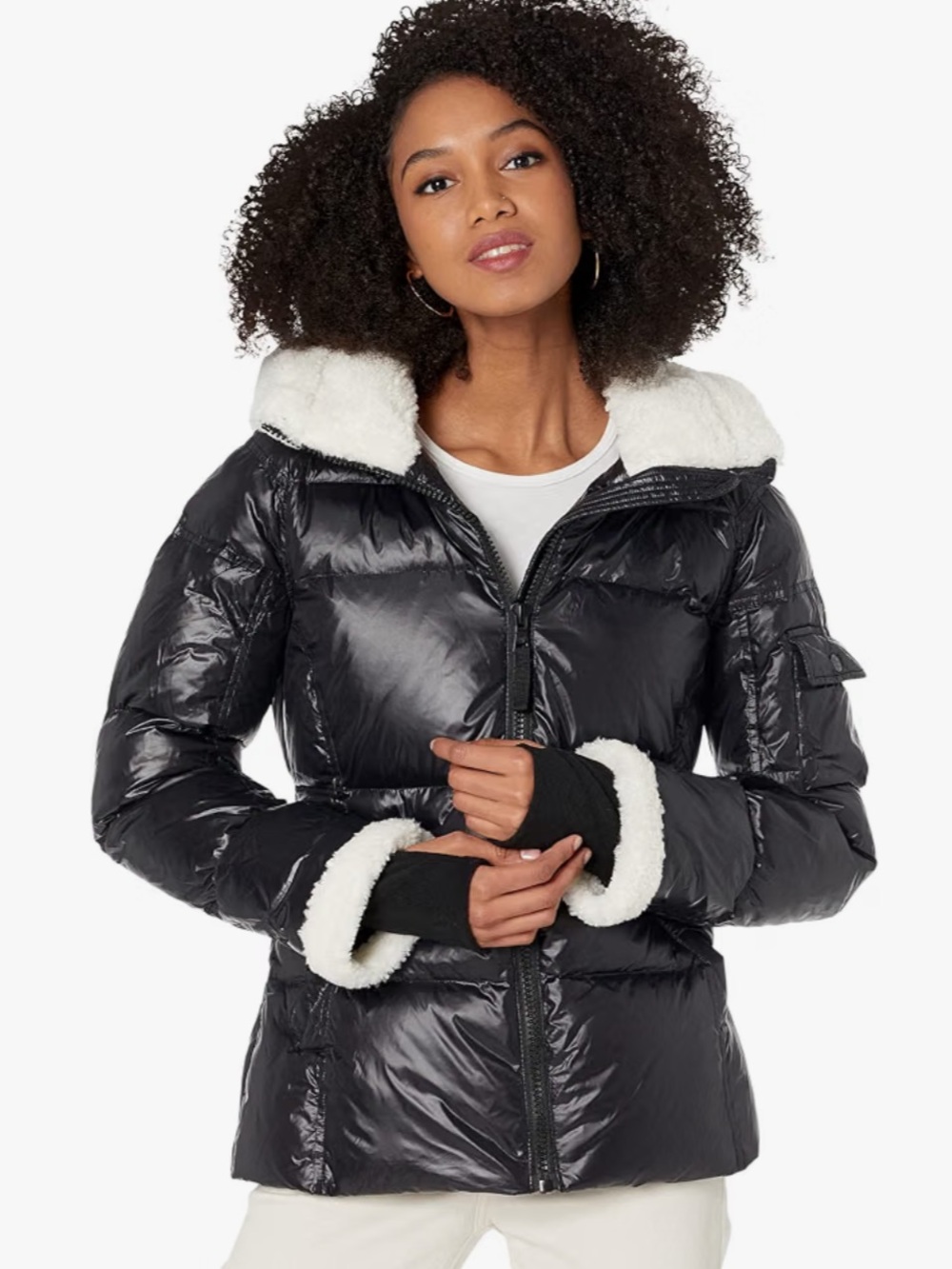 S13 Women’s Black Puffer Jacket with Cream Sherpa Collar LIKE NEW